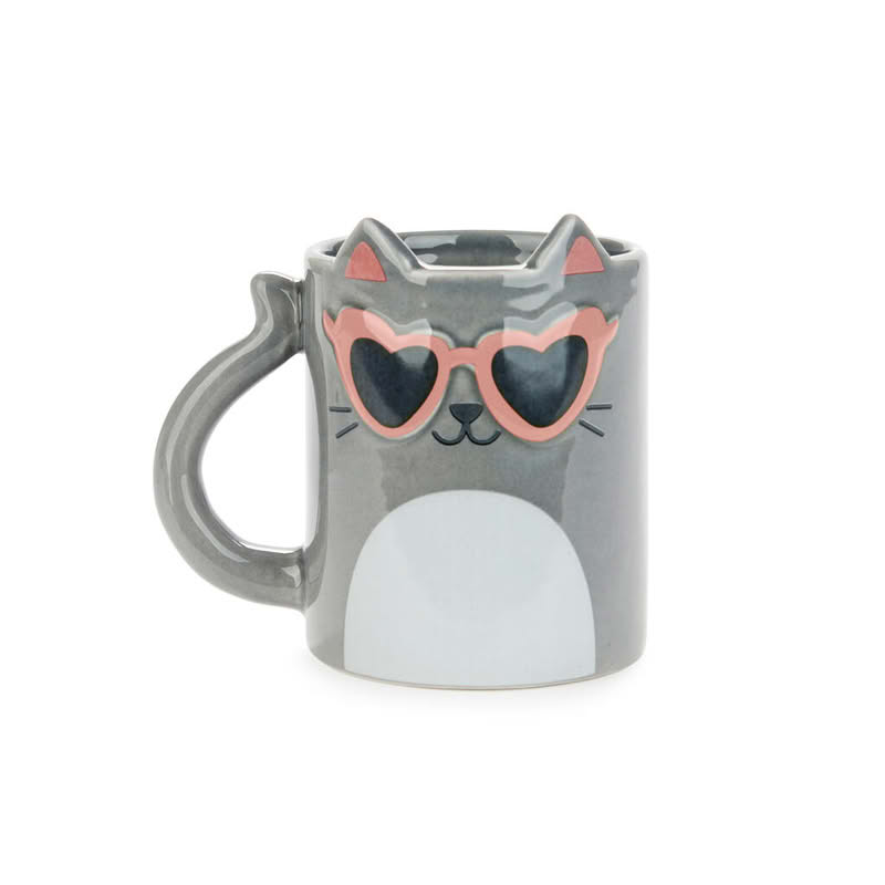 Tazza mug in ceramica a forma di gatto grigio con occhiali, capacità 350 ml