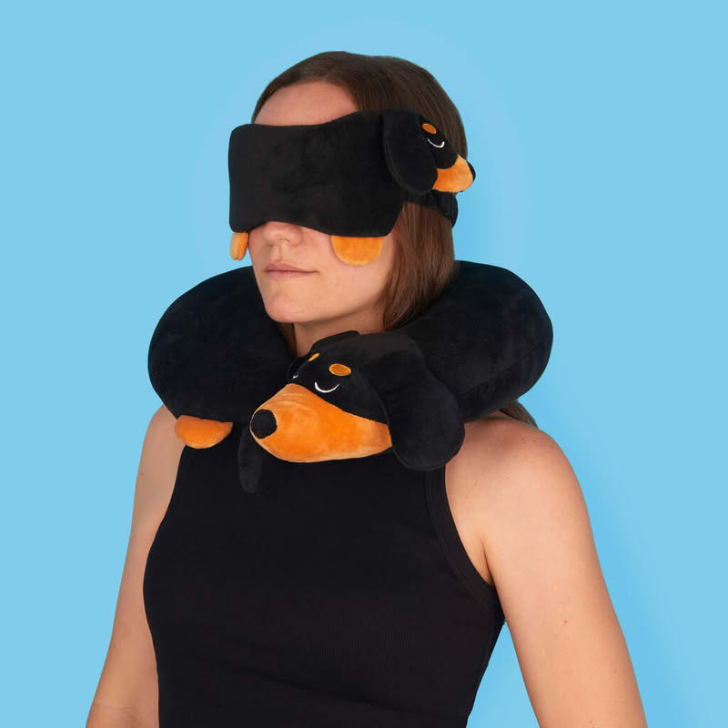 Cuscino girocollo a forma di bassotto nero e marrone, perfetto sia per casa che per i viaggi, lavabile in lavatrice