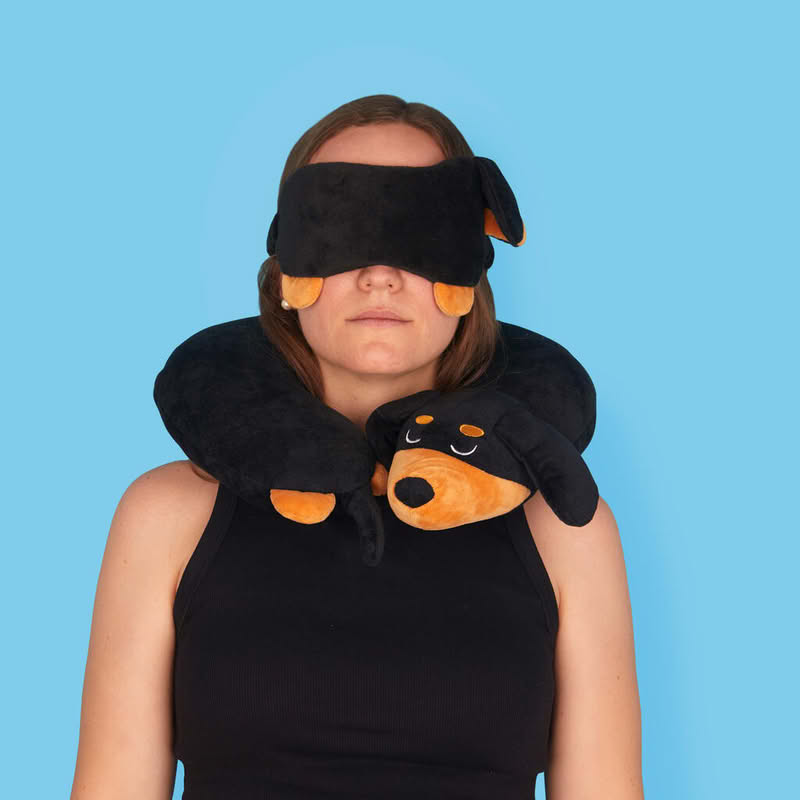 Cuscino girocollo a forma di bassotto nero e marrone, perfetto sia per casa che per i viaggi, lavabile in lavatrice