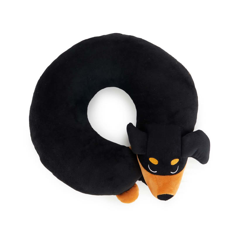 Cuscino girocollo a forma di bassotto nero e marrone, perfetto sia per casa che per i viaggi, lavabile in lavatrice