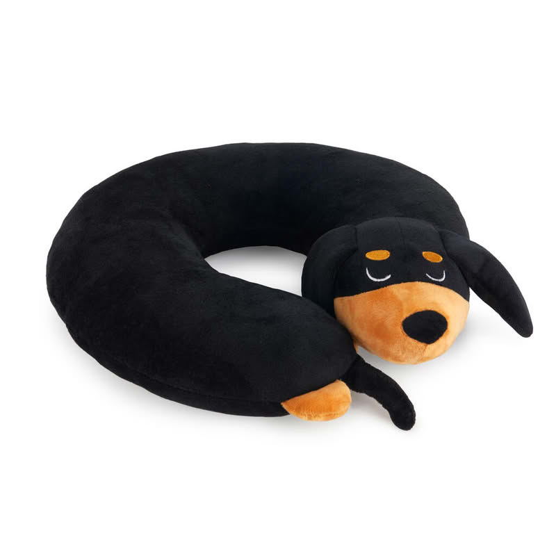 Cuscino girocollo a forma di bassotto nero e marrone, perfetto sia per casa che per i viaggi, lavabile in lavatrice