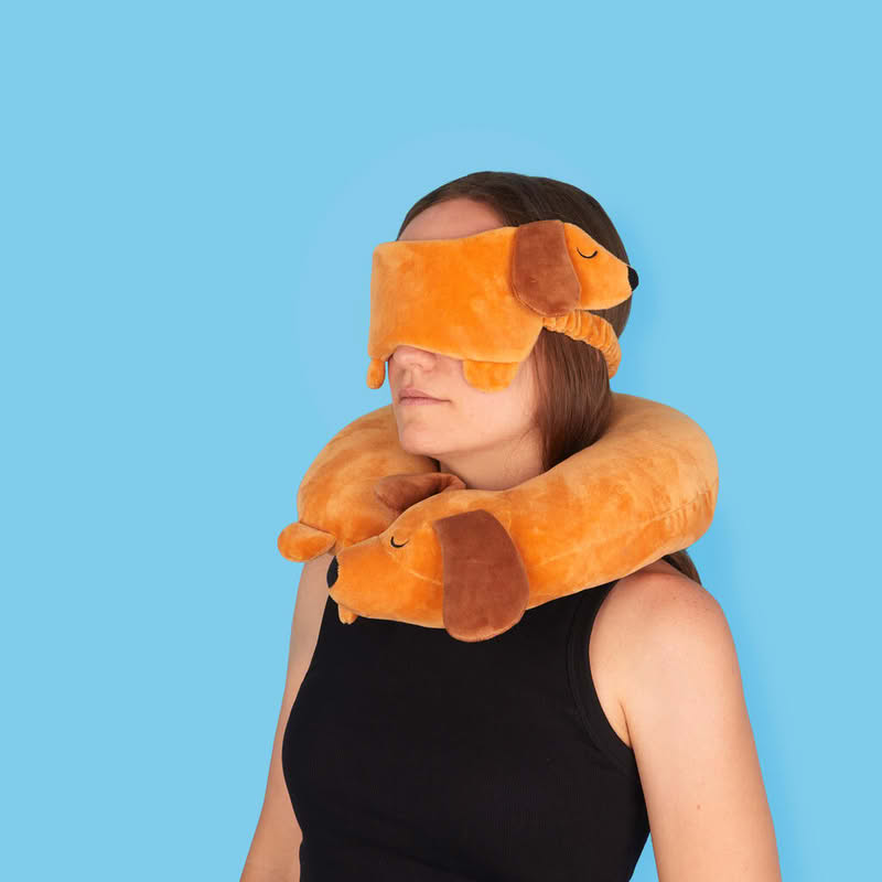 Cuscino girocollo a forma di bassotto marrone, perfetto sia per casa che per i viaggi, lavabile in lavatrice