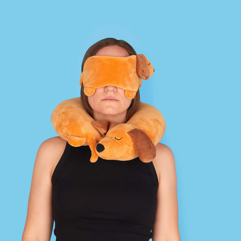 Cuscino girocollo a forma di bassotto marrone, perfetto sia per casa che per i viaggi, lavabile in lavatrice