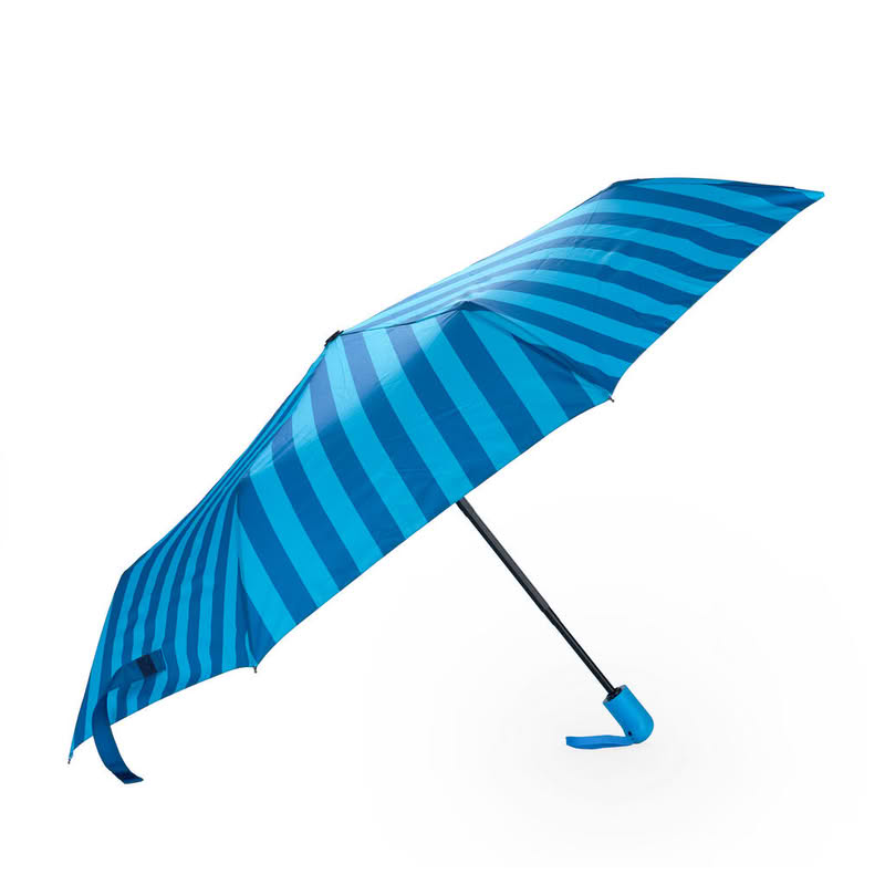 Ombrello pieghevole a righe blu e azzurre con astuccio a forma di balena, diametro 98 cm da aperto