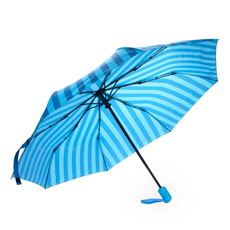 Ombrello pieghevole a righe blu e azzurre con astuccio a forma di balena, diametro 98 cm da aperto