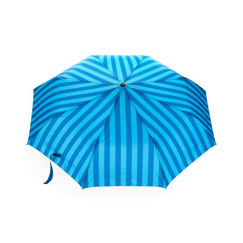 Ombrello pieghevole a righe blu e azzurre con astuccio a forma di balena, diametro 98 cm da aperto