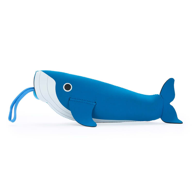 Ombrello pieghevole a righe blu e azzurre con astuccio a forma di balena, diametro 98 cm da aperto