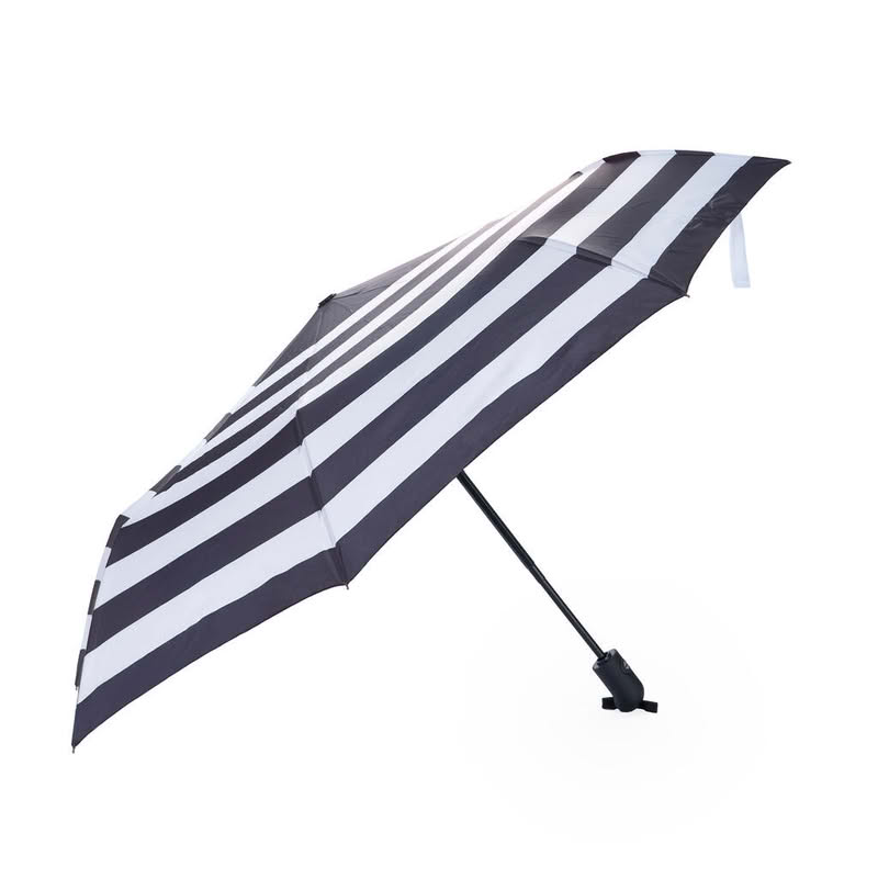 Ombrello pieghevole a righe bianche e nere con astuccio a forma di pinguino, diametro 98 cm da aperto