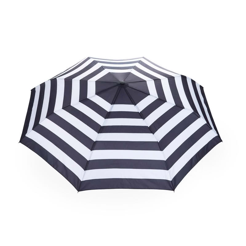 Ombrello pieghevole a righe bianche e nere con astuccio a forma di pinguino, diametro 98 cm da aperto