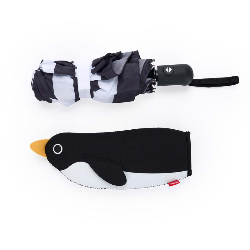 Ombrello pieghevole a righe bianche e nere con astuccio a forma di pinguino, diametro 98 cm da aperto