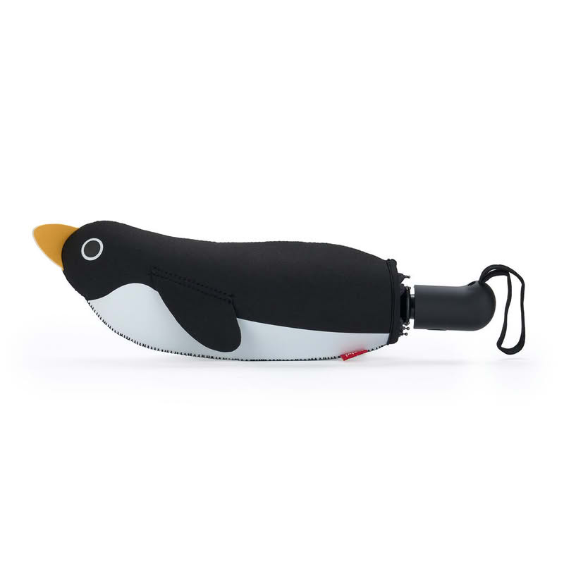 Ombrello pieghevole a righe bianche e nere con astuccio a forma di pinguino, diametro 98 cm da aperto