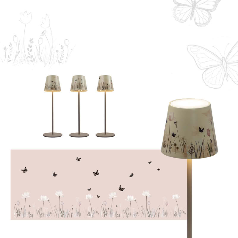 Lampada da tavolo ricaricabile dimmerabile per utilizzo interno ed esterno con luce calda, neutra e fredda, decorata con farfalle in un campo di fiori