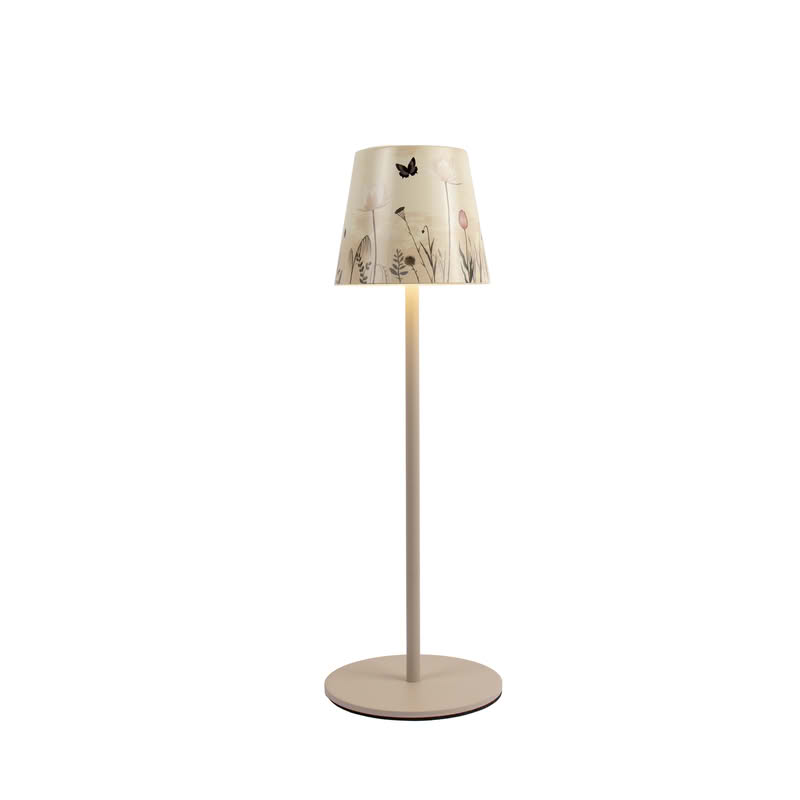 Lampada da tavolo ricaricabile dimmerabile per utilizzo interno ed esterno con luce calda, neutra e fredda, decorata con farfalle in un campo di fiori