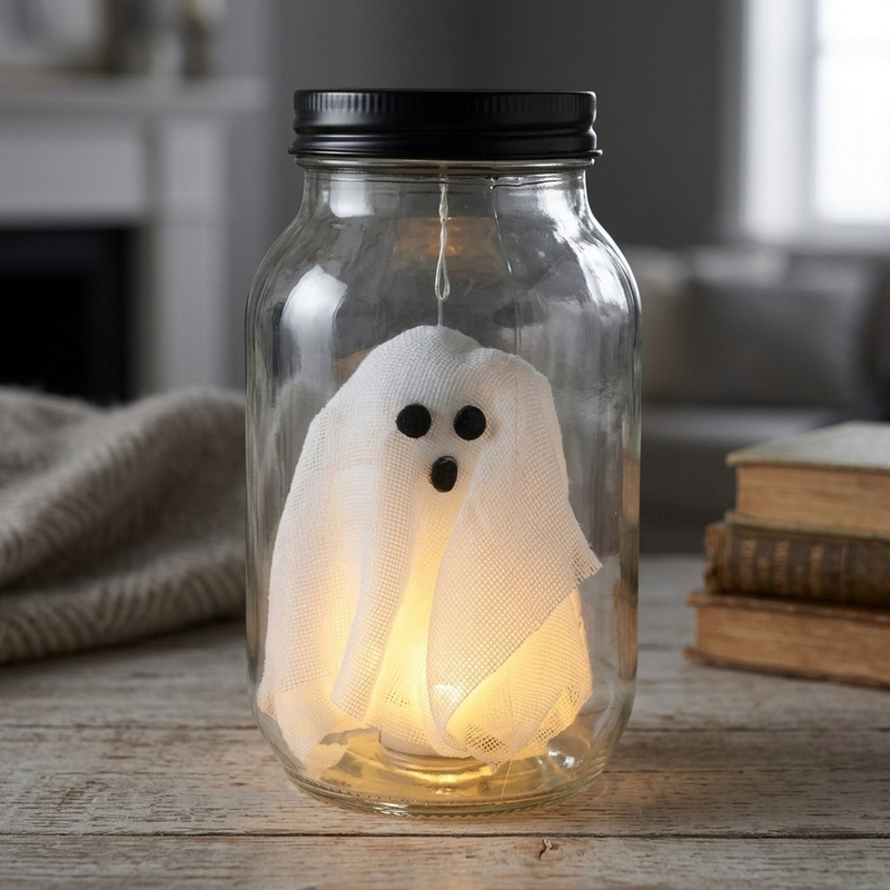 Barattolo di vetro con dentro un fantasma luminoso, perfetto come decorazione di Halloween