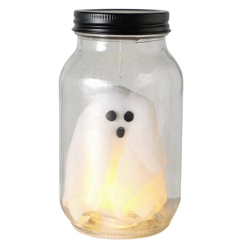 Barattolo di vetro con dentro un fantasma luminoso, perfetto come decorazione di Halloween