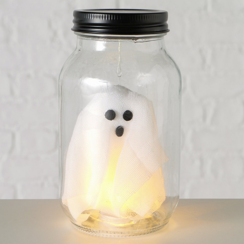 Barattolo di vetro con dentro un fantasma luminoso, perfetto come decorazione di Halloween