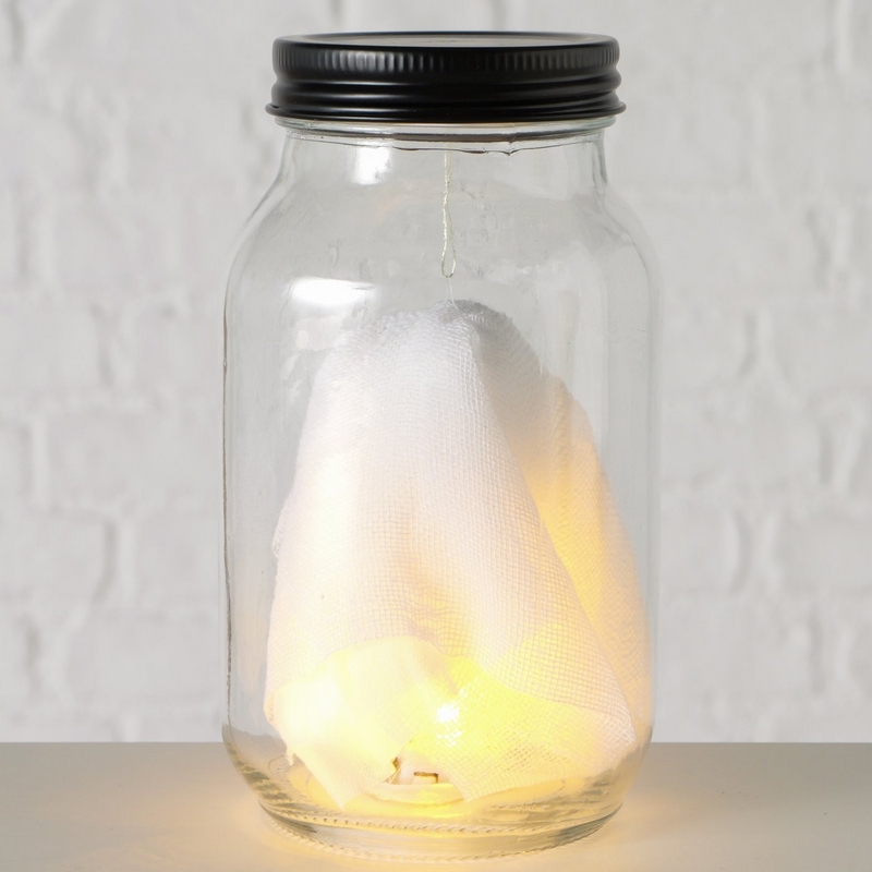 Barattolo di vetro con dentro un fantasma luminoso, perfetto come decorazione di Halloween