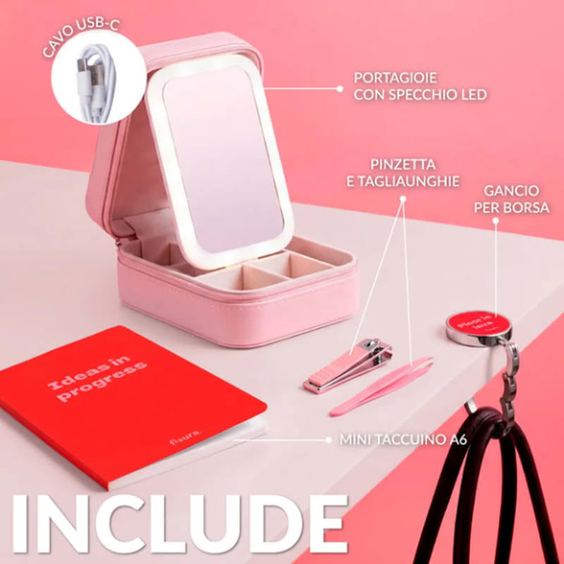 Set regali utili per donna contenente portagioie con specchio led ricaricabile (cavo incluso), taccuino A6, gancio per borsa, tagliaunghie e pinzetta