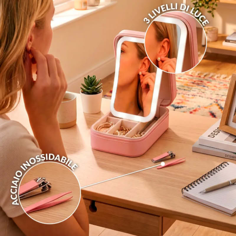 Set regali utili per donna contenente portagioie con specchio led ricaricabile (cavo incluso), taccuino A6, gancio per borsa, tagliaunghie e pinzetta