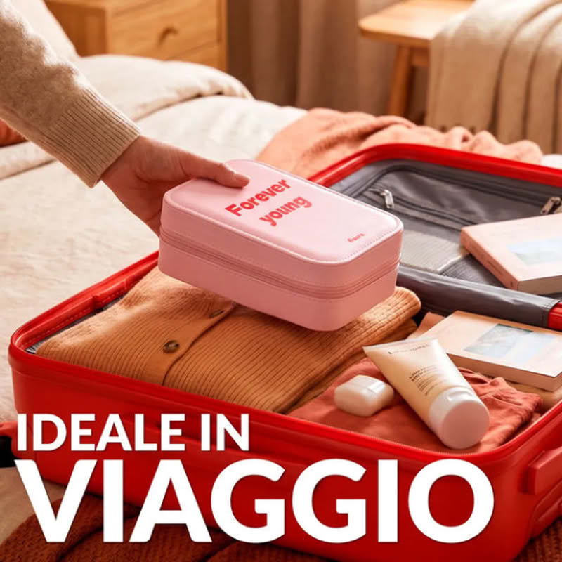 Set regali utili per donna contenente portagioie con specchio led ricaricabile (cavo incluso), taccuino A6, gancio per borsa, tagliaunghie e pinzetta