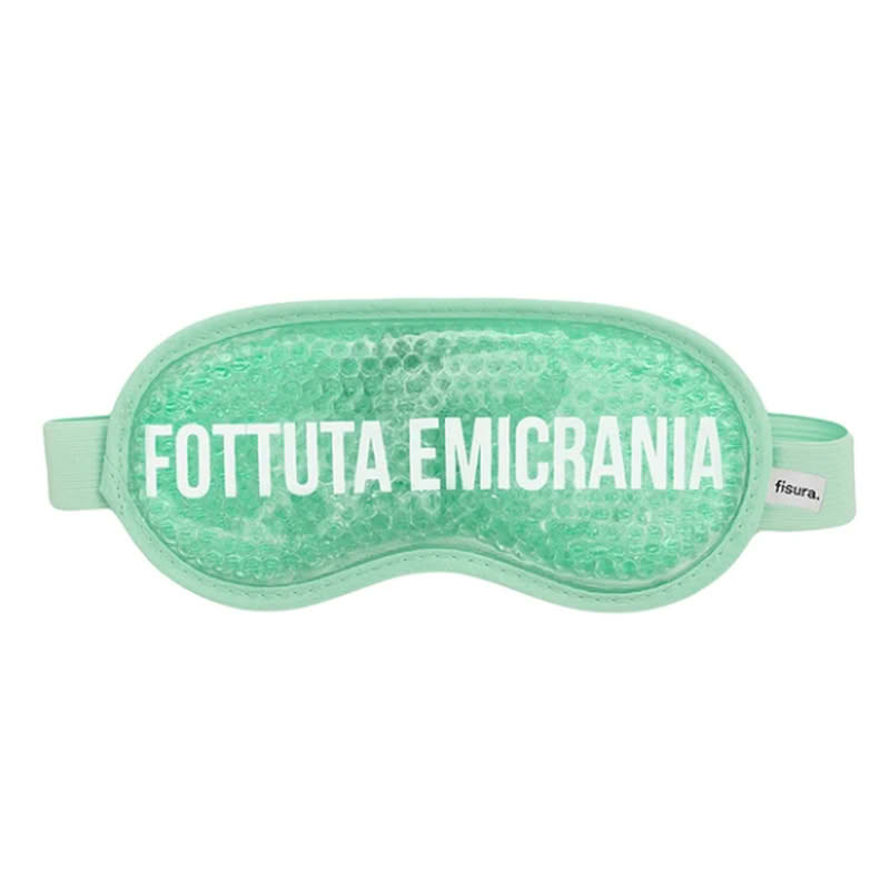 Maschera occhi gel verde con scritta “Fottuta emicrania”, regolabile ed utilizzabile calda, fredda o neutra