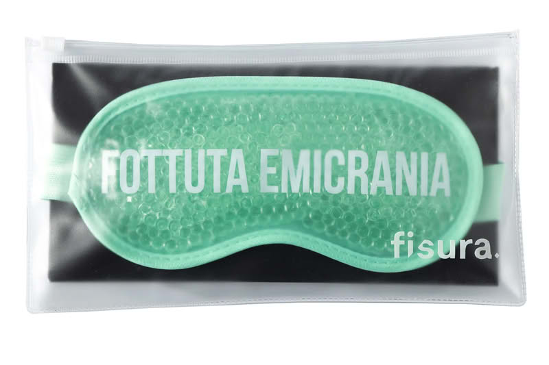 Maschera occhi gel verde con scritta “Fottuta emicrania”, regolabile ed utilizzabile calda, fredda o neutra