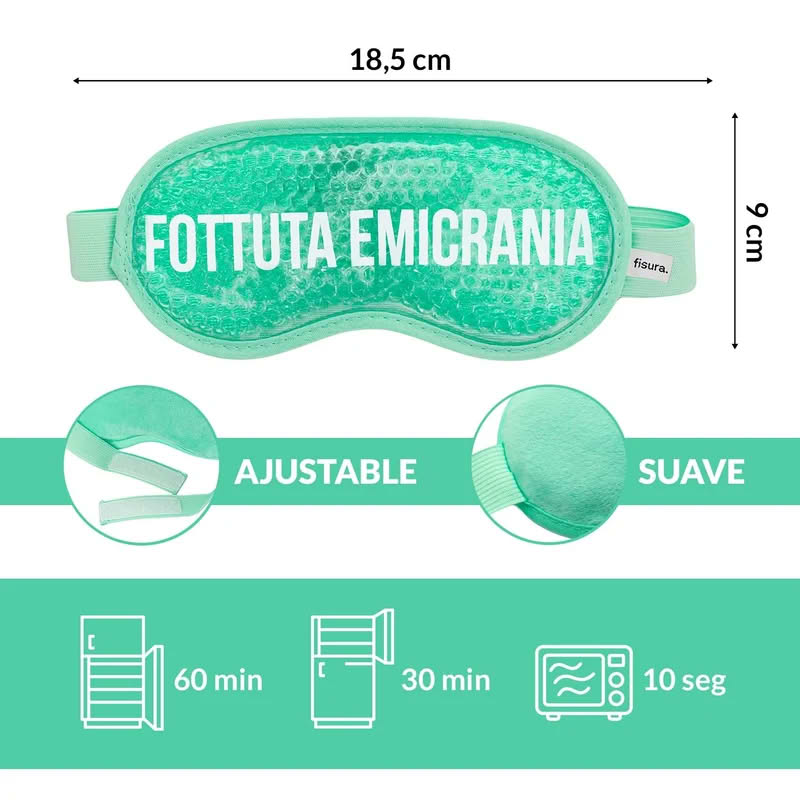 Maschera occhi gel verde con scritta “Fottuta emicrania”, regolabile ed utilizzabile calda, fredda o neutra