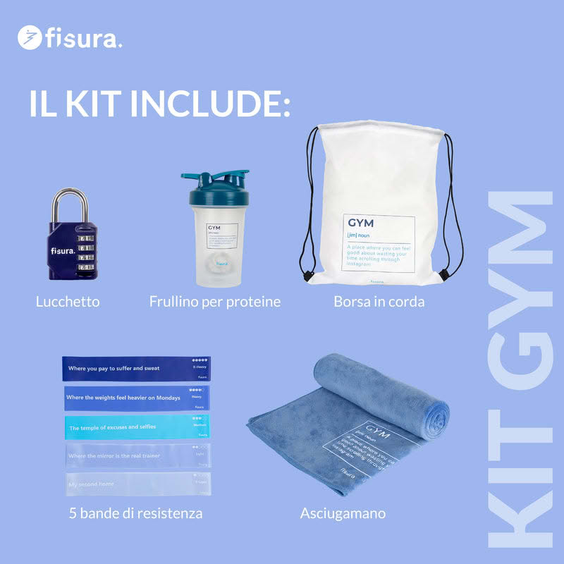Kit palestra contenente lucchetto per armadietto, protein shaker, sacchetta con scritta, 5 elastici per esercizi con resistenze diverse e asciugamano con scritta