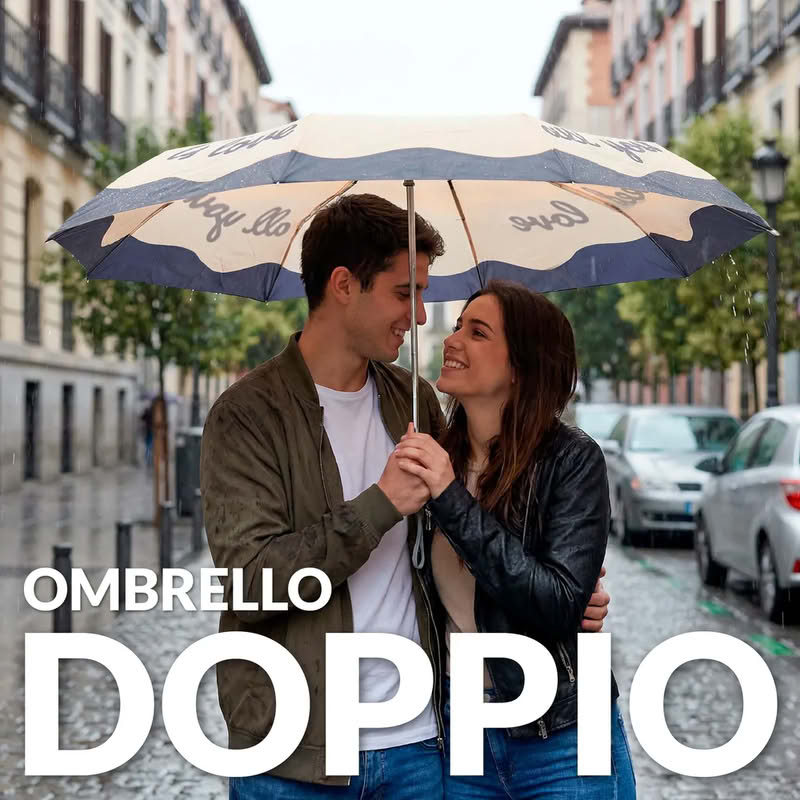 Ombrello doppio pieghevole beige e nero con scritta “All you need is love”