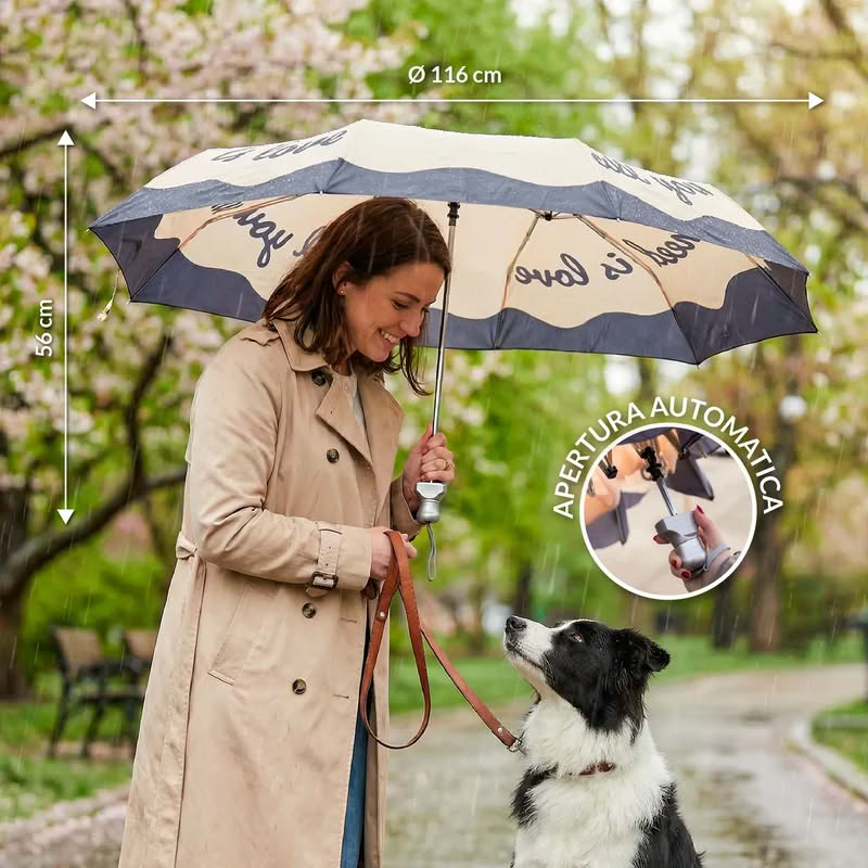 Ombrello doppio pieghevole beige e nero con scritta “All you need is love”
