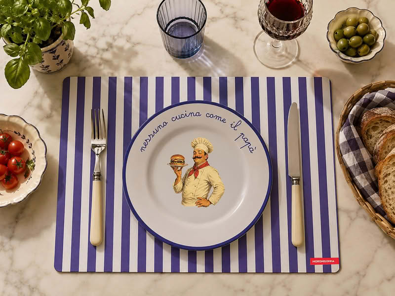 Tovaglietta americana in plastica flessibile decorata con disegno a tema e scritta “Nessuno cucina come il papà”