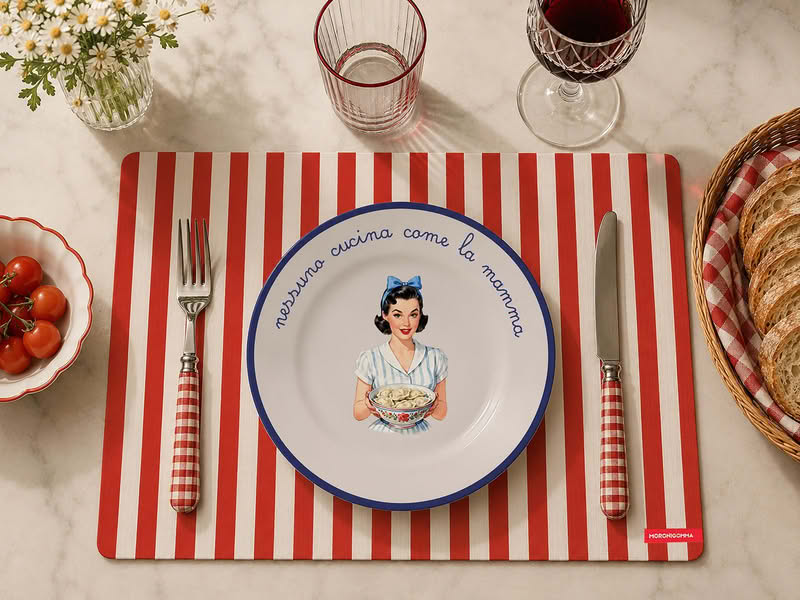 Tovaglietta americana in plastica flessibile decorata con disegno a tema e scritta “Nessuno cucina come la mamma”