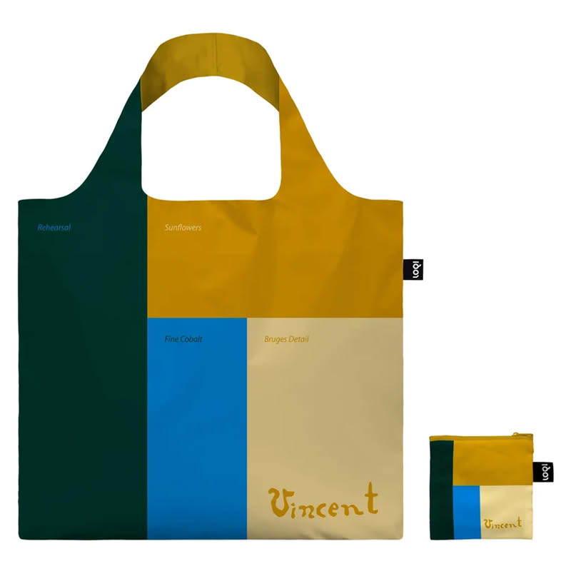 Borsa spesa pieghevole decorata con i girasoli di Van Gogh davanti e con la palette cromatica utlizzata dietro, include un astuccino dove riporla