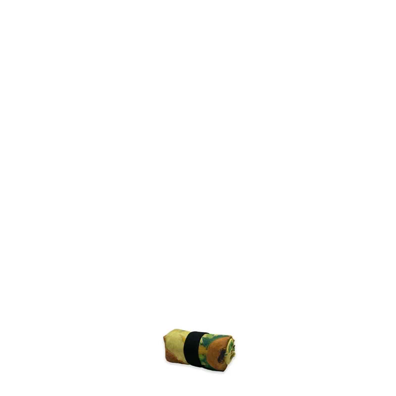 Borsa spesa pieghevole decorata con i girasoli di Van Gogh davanti e con la palette cromatica utlizzata dietro, include un astuccino dove riporla