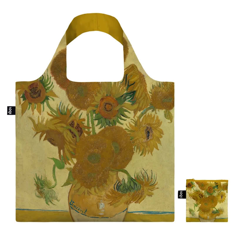 Borsa spesa pieghevole decorata con i girasoli di Van Gogh davanti e con la palette cromatica utlizzata dietro, include un astuccino dove riporla