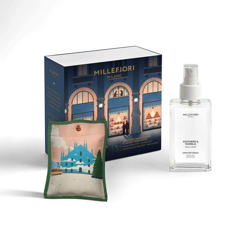 Cofanetto Millefiori di Natale con grafica a tema Natale milanese contenente un profumo spray 100 ml per tessuti Zucchero e Vaniglia e un cuscinetto, da spruzzare per poi posarlo in cassetti o armadi