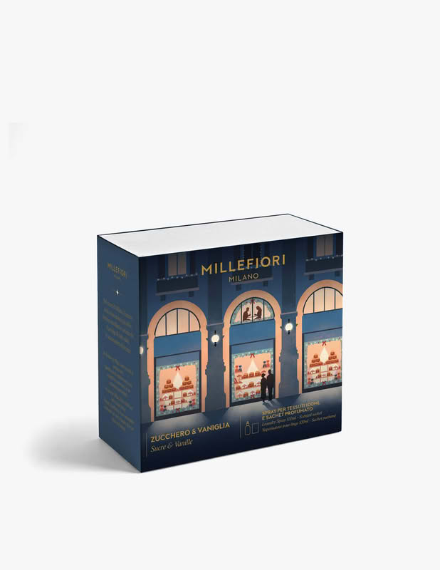 Cofanetto Millefiori di Natale con grafica a tema Natale milanese contenente un profumo spray 100 ml per tessuti Zucchero e Vaniglia e un cuscinetto, da spruzzare per poi posarlo in cassetti o armadi