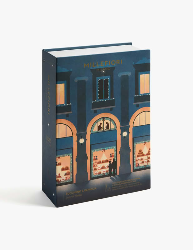 Cofanetto Millefiori in confezione con grafica a tema Natale milanese contenente una candela e un diffusore 100 ml di fragranza Zucchero e Vaniglia, per un bellissimo ed elegante regalo di Natale