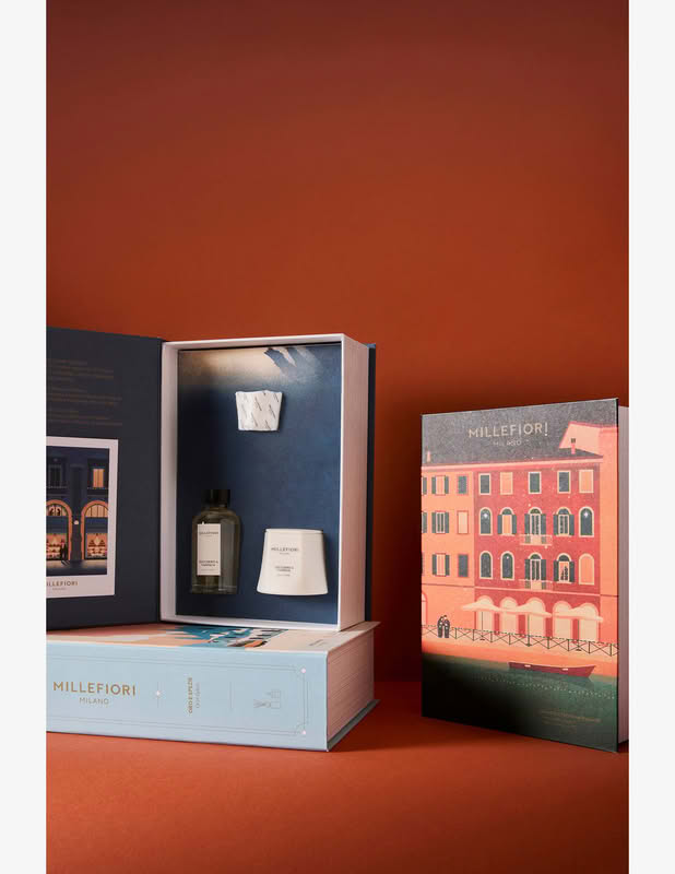 Cofanetto Millefiori in confezione con grafica a tema Natale milanese contenente una candela e un diffusore 100 ml di fragranza Zucchero e Vaniglia, per un bellissimo ed elegante regalo di Natale