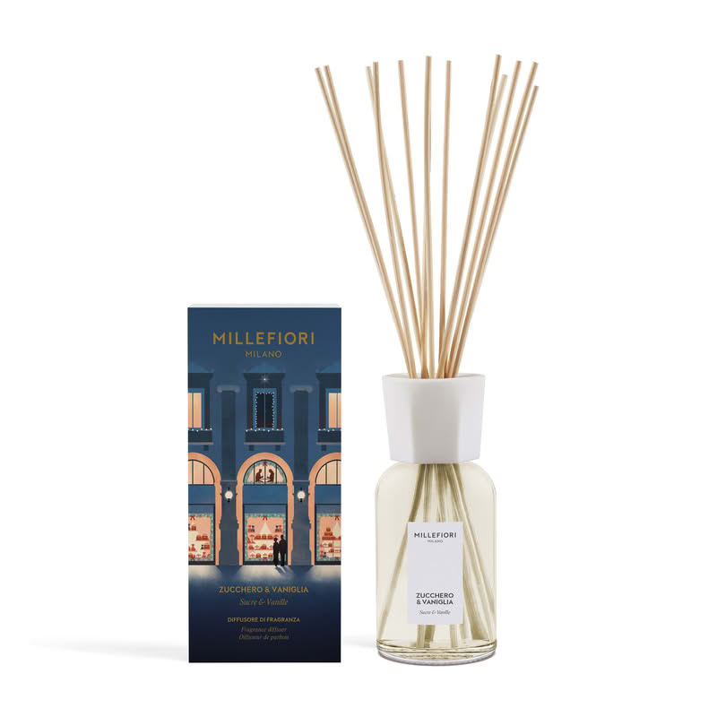 Cofanetto Millefiori in confezione con grafica a tema Natale milanese contenente un diffusore a bastoncini da 250 ml con essenza Zucchero e Vaniglia, per un bellissimo ed elegante regalo di Natale