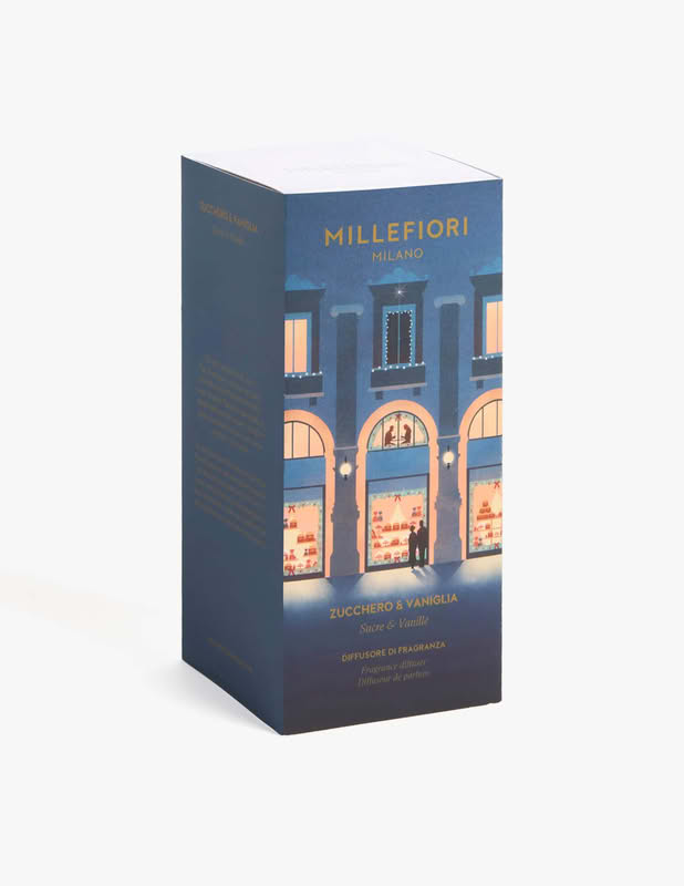 Cofanetto Millefiori in confezione con grafica a tema Natale milanese contenente un diffusore a bastoncini da 250 ml con essenza Zucchero e Vaniglia, per un bellissimo ed elegante regalo di Natale