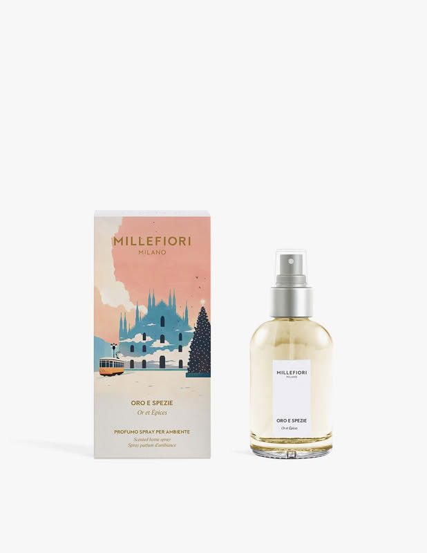 Spray ambiente 100 ml Millefiori Natale all'essenza Oro e Spezie in confezione con grafica a tema Natale milanese, per un bellissimo ed elegante regalo di Natale
