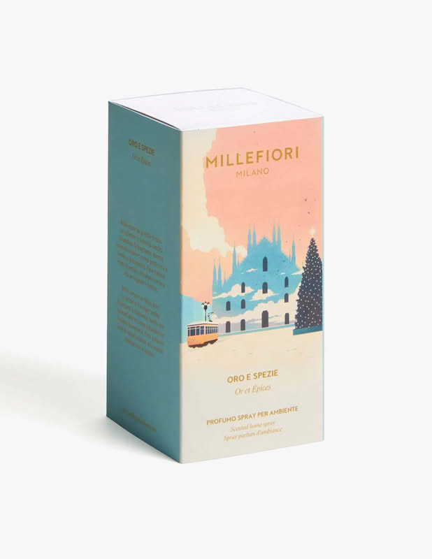 Spray ambiente 100 ml Millefiori Natale all'essenza Oro e Spezie in confezione con grafica a tema Natale milanese, per un bellissimo ed elegante regalo di Natale