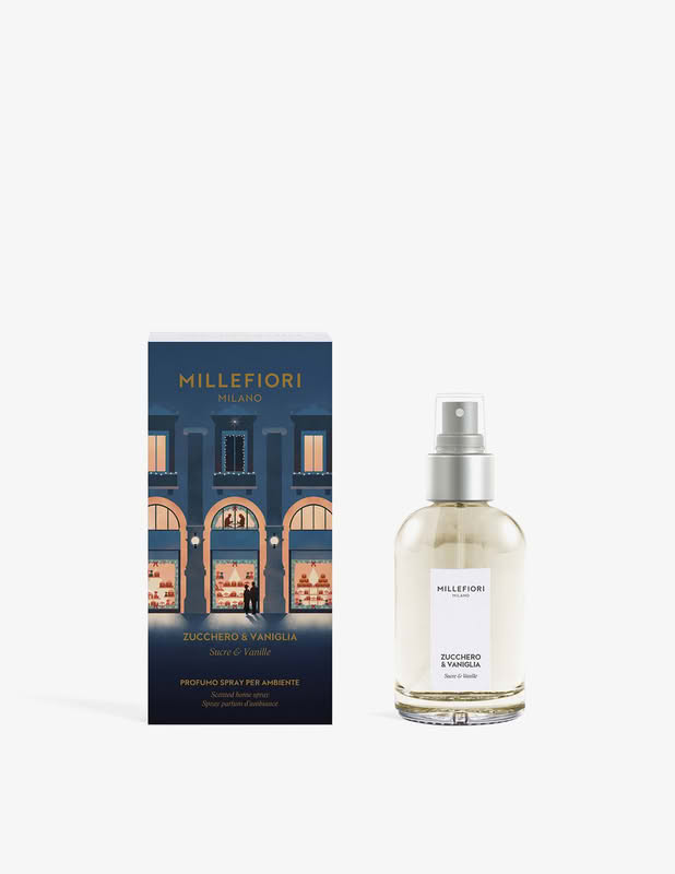 Spray ambiente 100 ml Millefiori Natale all'essenza Zucchero e Vaniglia in confezione con grafica a tema Natale milanese, per un bellissimo ed elegante regalo di Natale