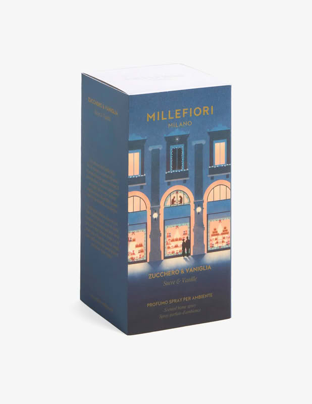 Spray ambiente 100 ml Millefiori Natale all'essenza Zucchero e Vaniglia in confezione con grafica a tema Natale milanese, per un bellissimo ed elegante regalo di Natale