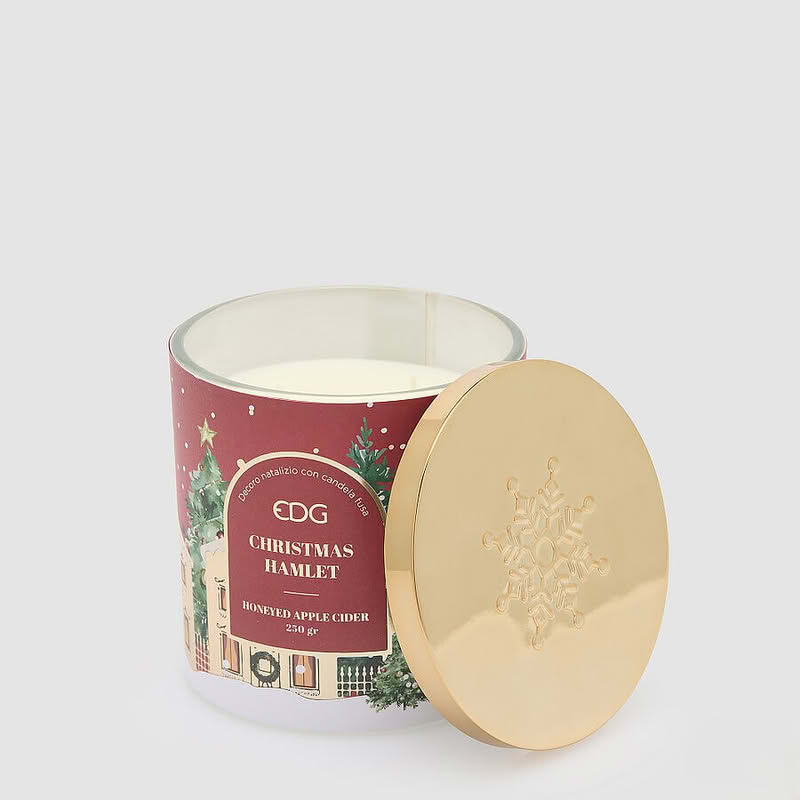 Candela profumata di Natale al sidro di mele con miele in barattolo a tema con coperchio dorato con fiocco di neve, perfetta come regalo di Natale