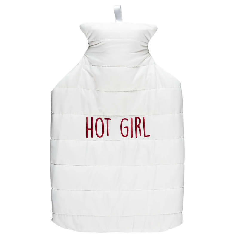 Boule acqua calda a forma di cappotto bianco con cerniera e scritta “Hot girl