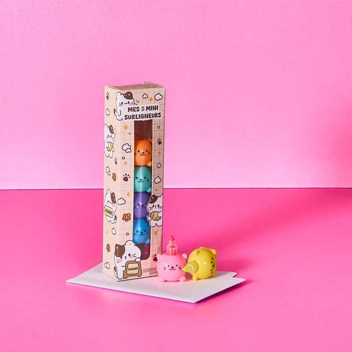 Set 6 mini evidenziatori colorati impilabili a forma di gatto