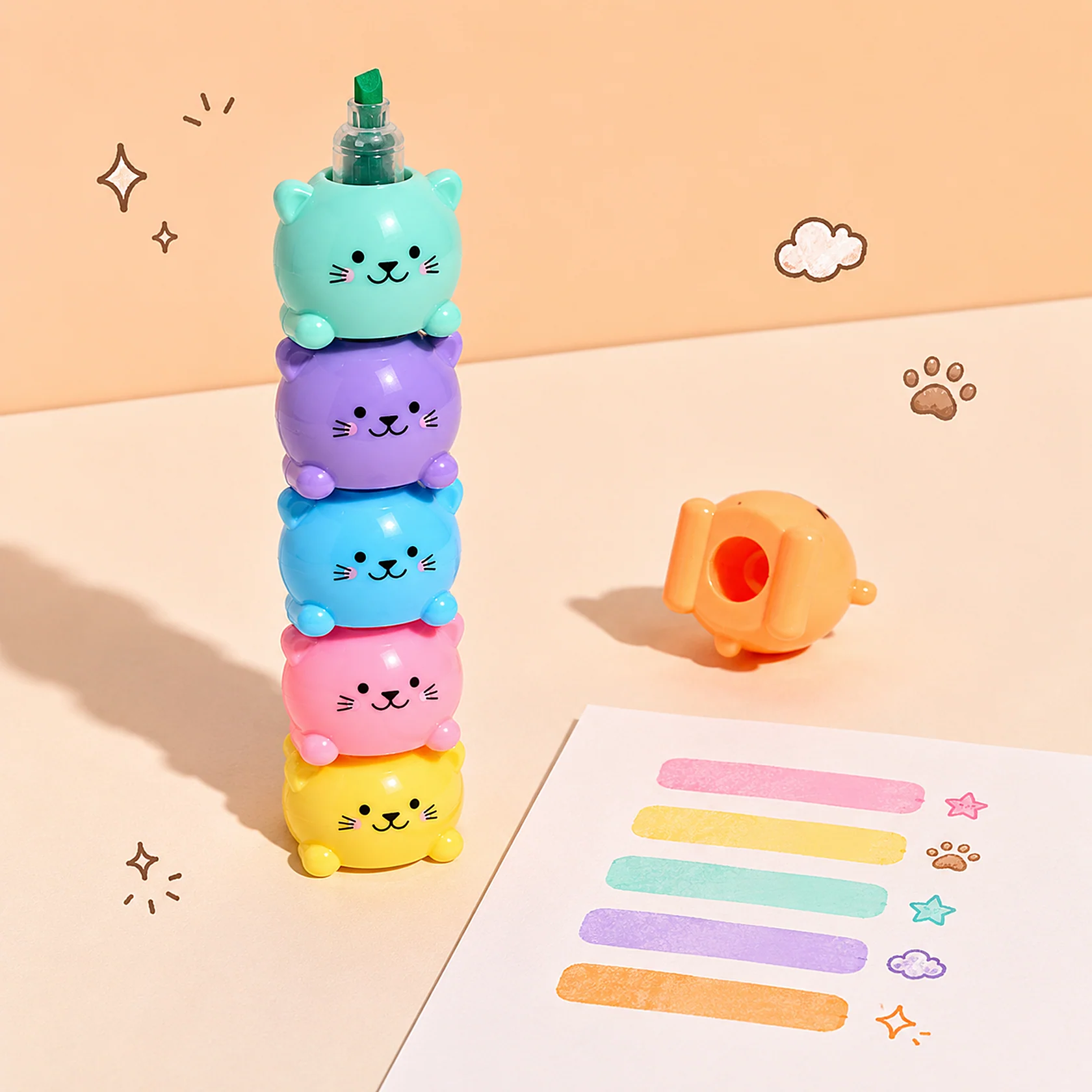 Set 6 mini evidenziatori colorati impilabili a forma di gatto