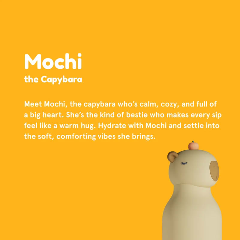 Borraccia termica a forma di capybara con cannuccia removibile e scovolino incluso, finitura soft touch, capacità 470 ml